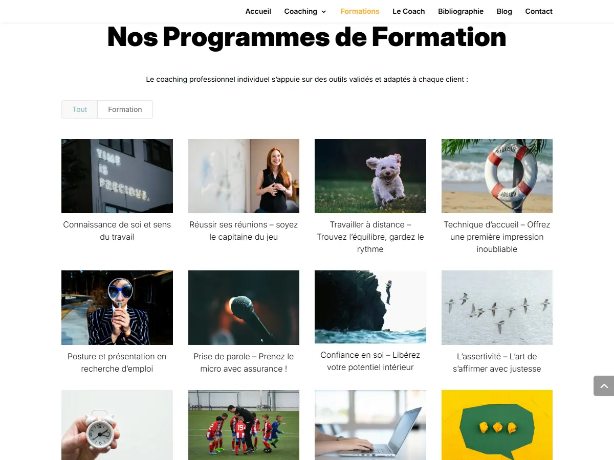 Catalogue des programmes de formation en entreprise de GRM Coaching, filtrable, une vignette par formation