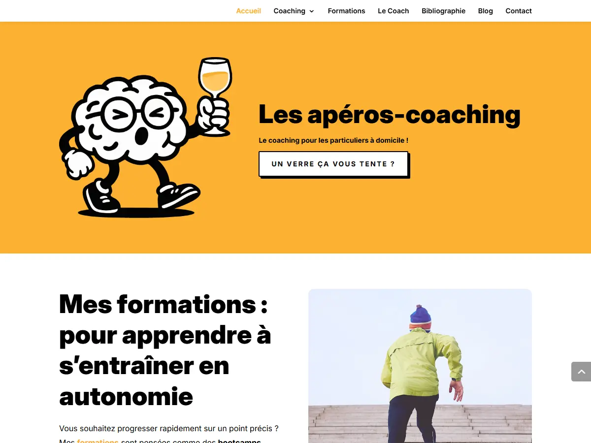 Section « Les apéros-coaching » du site GRM Coaching : la mascotte cerveau lève un verre sur fond orange