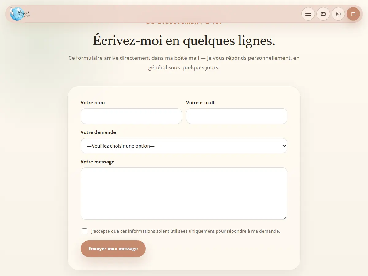 Formulaire de contact du site d'Hannah Stiegler : nom, e-mail, type de demande, message et consentement