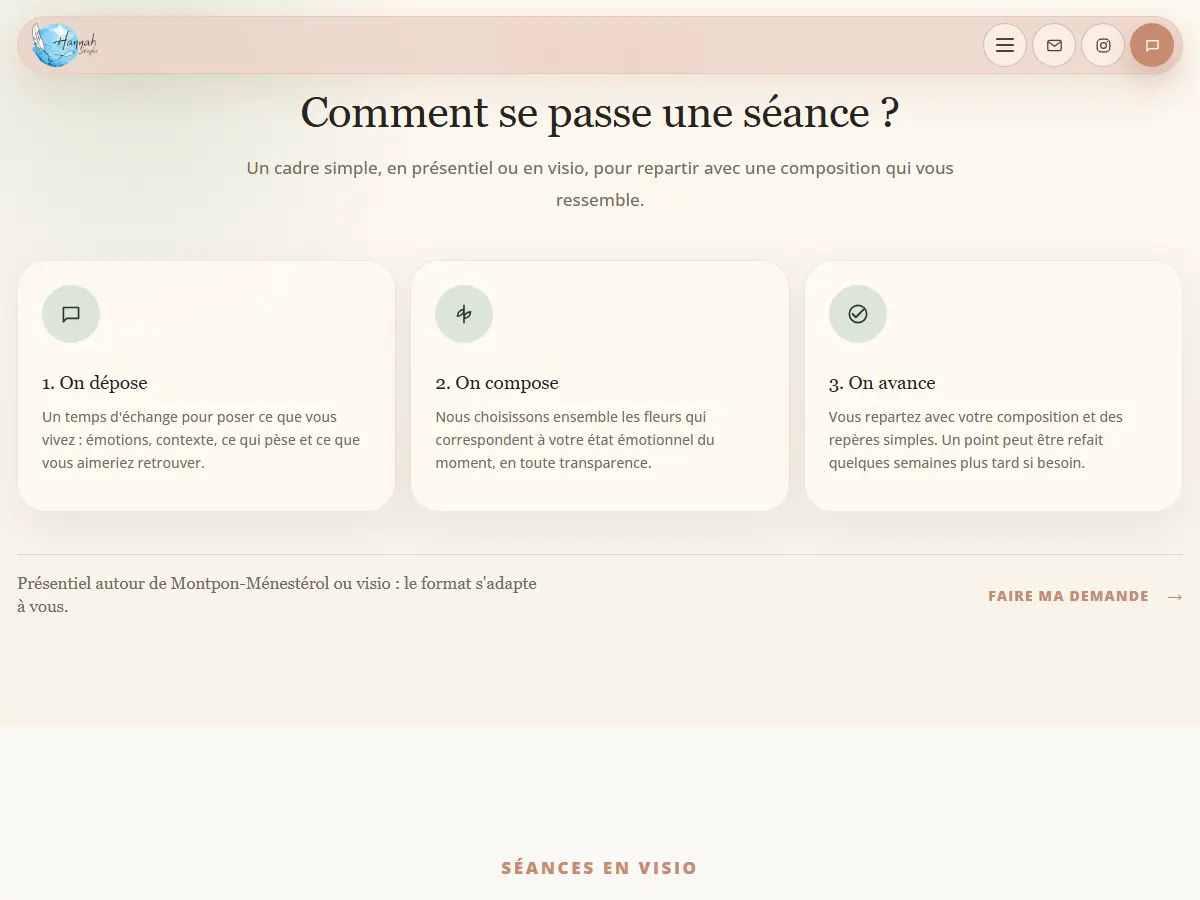 Page Fleurs de Bach du site d'Hannah Stiegler : une séance en trois temps, on dépose, on compose, on avance