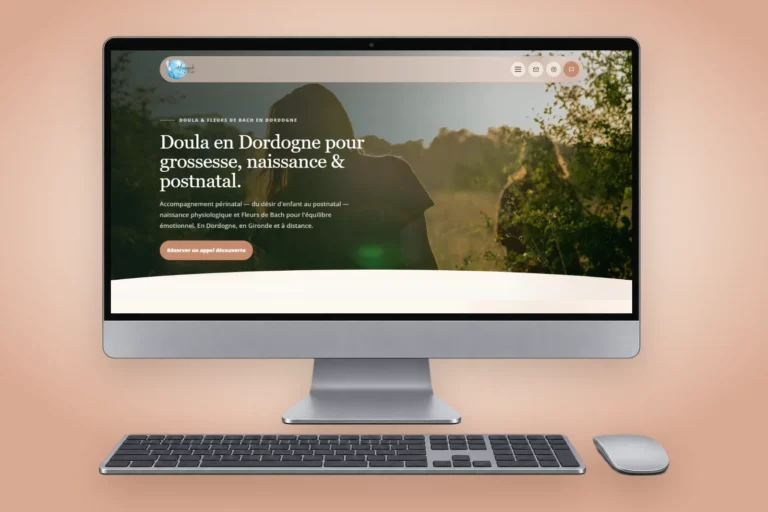 Site internet d'Hannah Stiegler, doula et conseillère en Fleurs de Bach en Dordogne, affiché sur un ordinateur de bureau