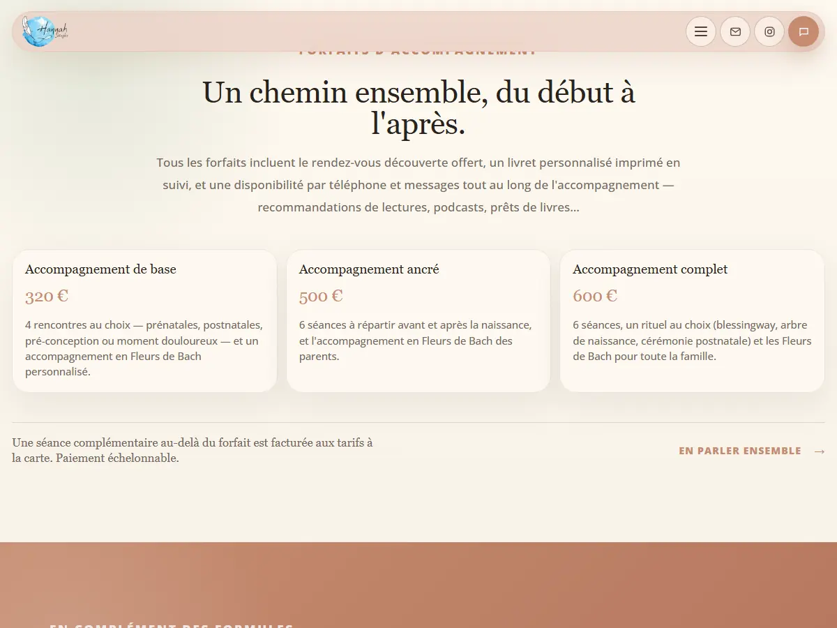 Page tarifs du site d'Hannah Stiegler : trois forfaits d'accompagnement doula de 320 à 600 euros