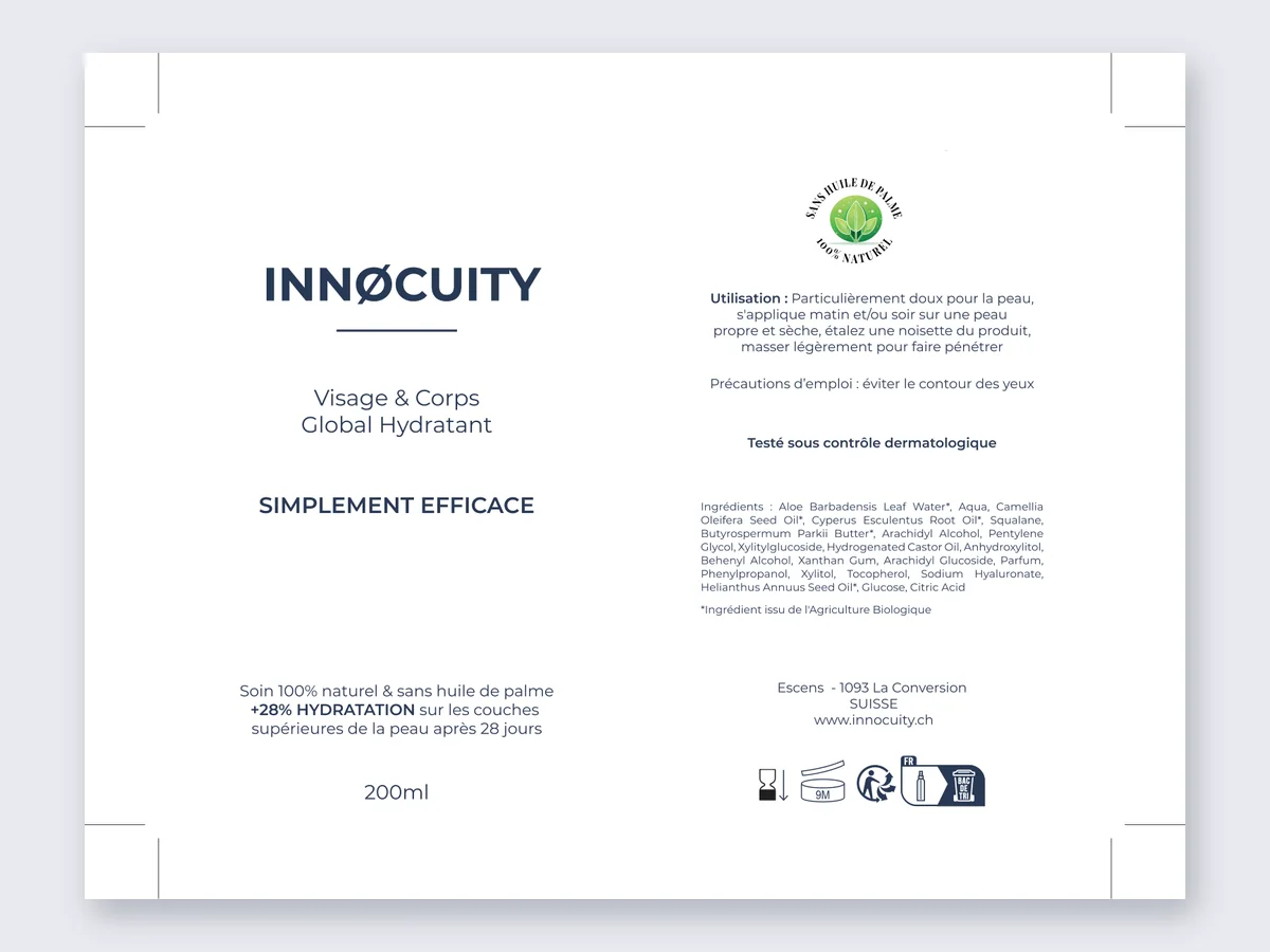 Fichier d'impression de l'étiquette 110 × 150 mm du soin INNØCUITY Visage & Corps Global Hydratant 200 ml