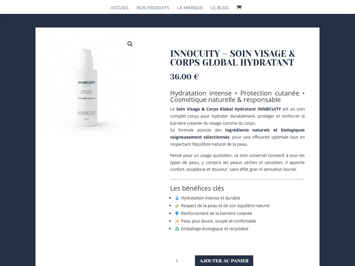 Fiche produit du Soin Visage & Corps Global Hydratant sur la boutique en ligne INNØCUITY