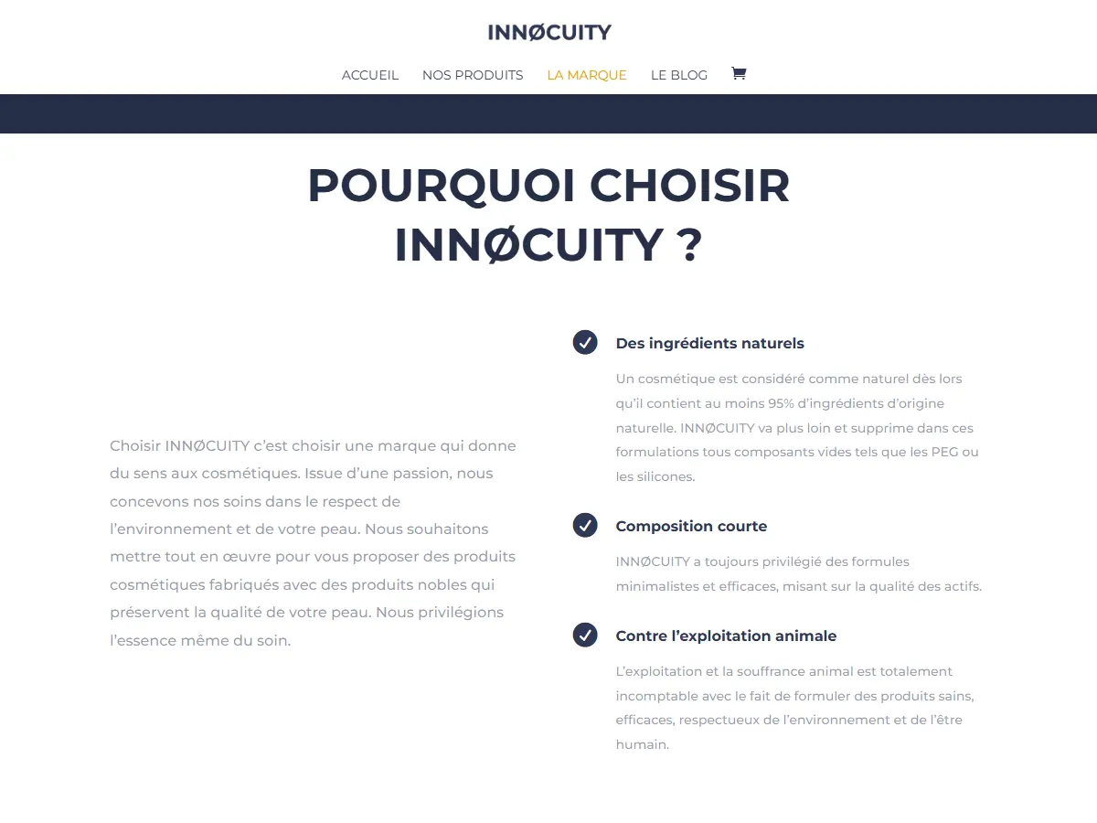 Page La marque du site INNØCUITY : ingrédients naturels, composition courte, refus de l'exploitation animale