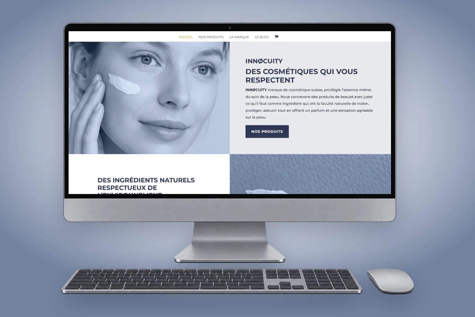 Site e-commerce INNØCUITY, marque de cosmétiques suisse anciennement ESCENS, affiché sur un ordinateur de bureau