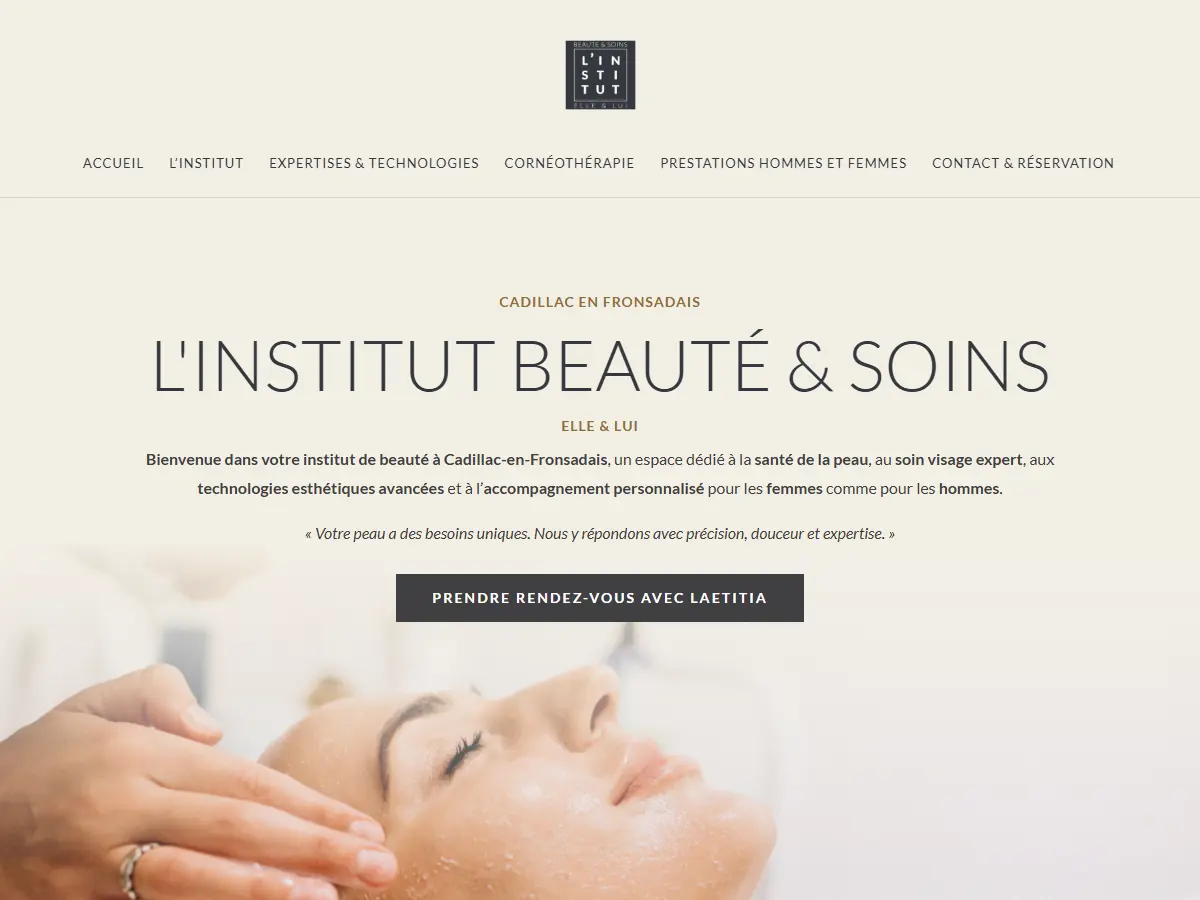 Page d'accueil de L'Institut Beauté & Soins avec le bouton Prendre rendez-vous avec Laetitia