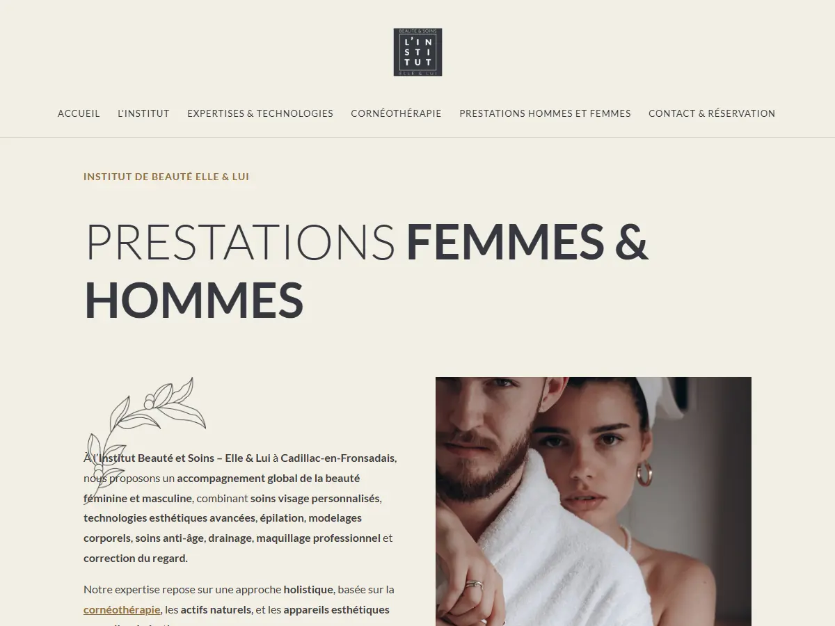 Page Prestations femmes et hommes du site de L'Institut Beauté & Soins — Elle & Lui