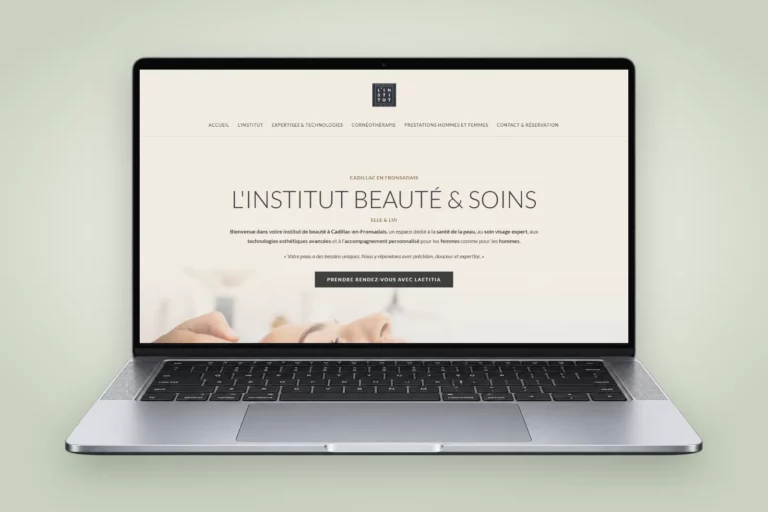 Site internet de L'Institut Beauté & Soins — Elle & Lui, institut de beauté à Cadillac-en-Fronsadais, affiché sur un ordinateur portable