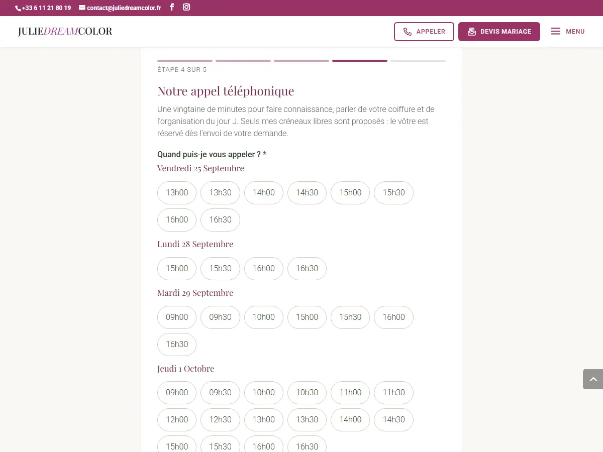 Étape du devis mariage où la future mariée choisit un créneau d'appel parmi les disponibilités de Julie
