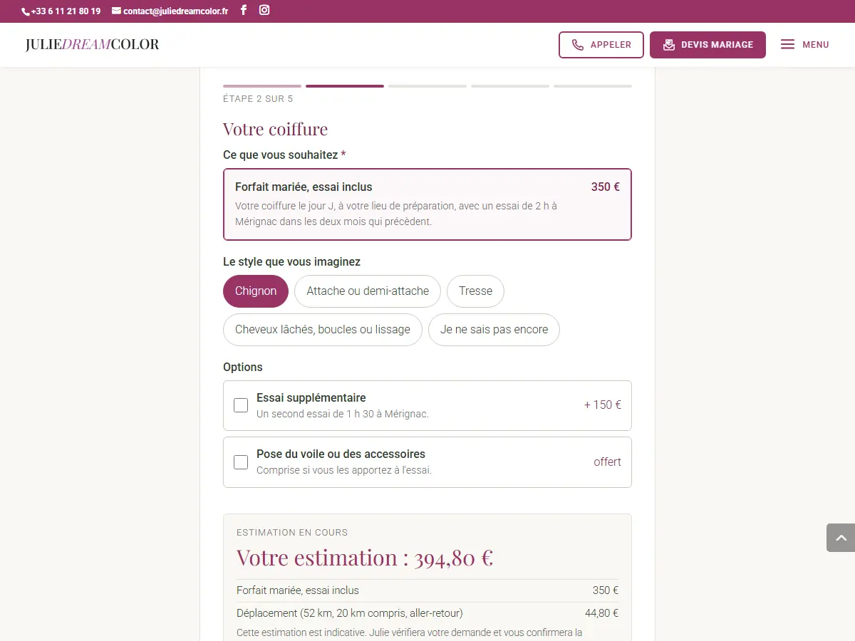 Formulaire de devis coiffure mariage développé sur mesure : estimation immédiate avec forfait et frais de déplacement