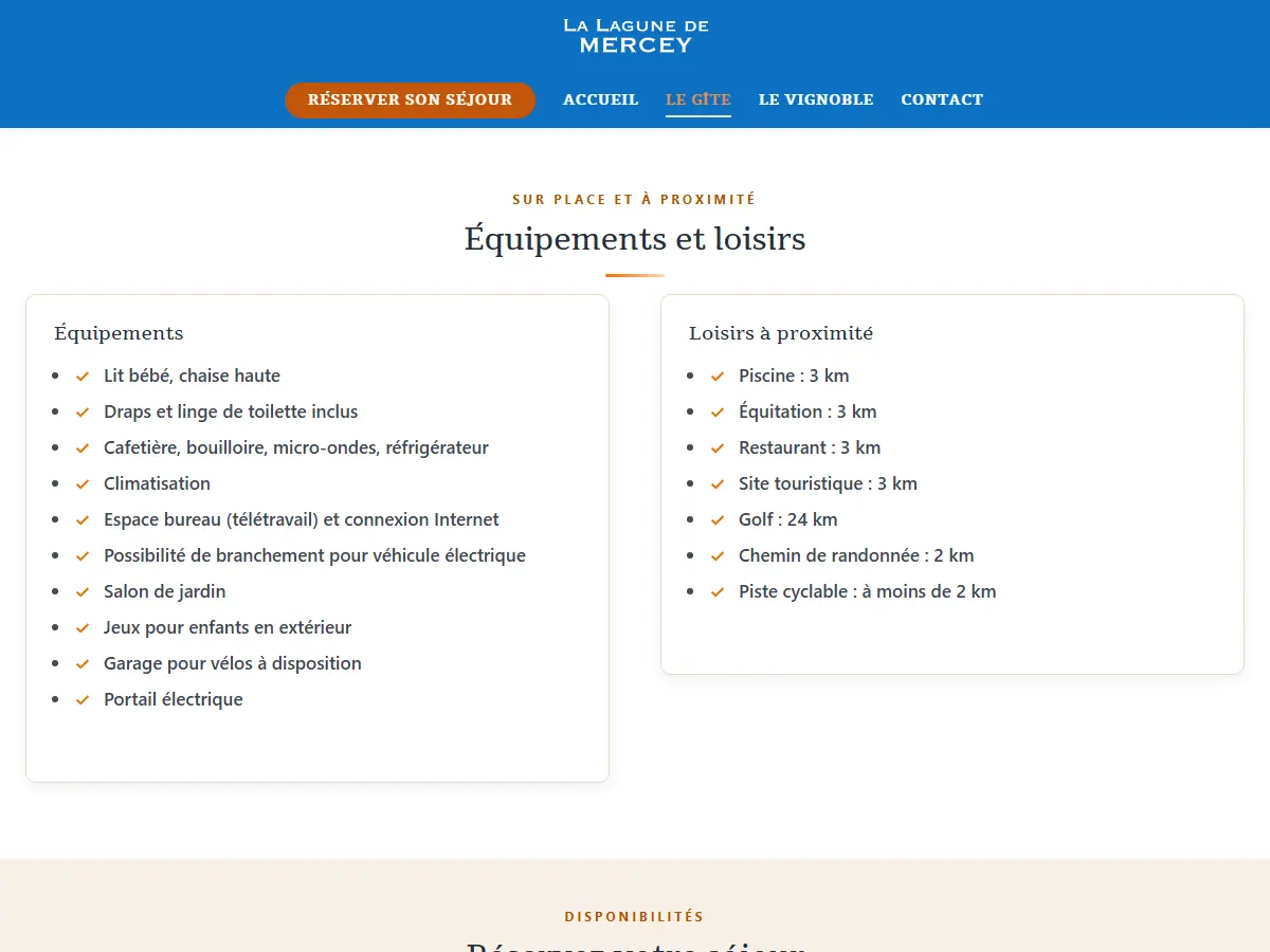 Page chambres d'hôtes du Château La Lagune de Mercey : équipements de la suite et loisirs à proximité avec les distances