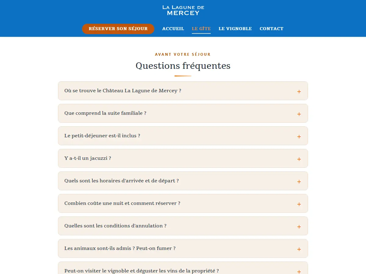 Questions fréquentes de la page chambres d'hôtes du Château La Lagune de Mercey, ajoutées lors de la reprise du site en 2026