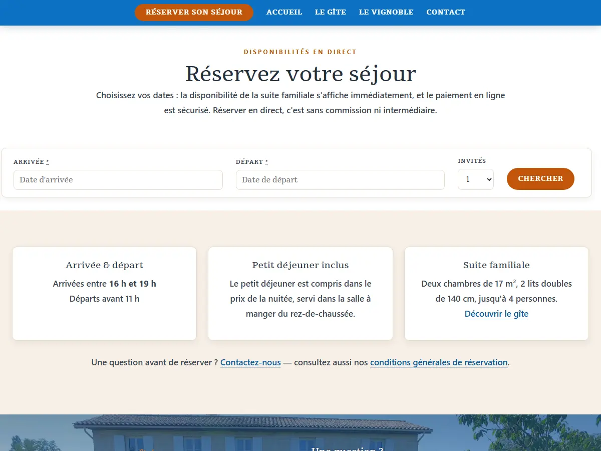 Page Réservations du Château La Lagune de Mercey : recherche de disponibilités par dates et nombre d'invités