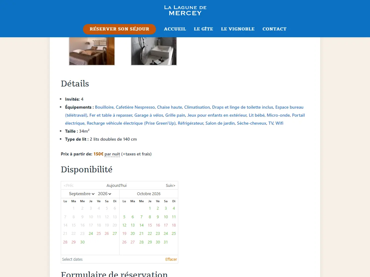 Fiche de la suite familiale du Château La Lagune de Mercey : équipements, surface, literie, tarif et calendrier des disponibilités