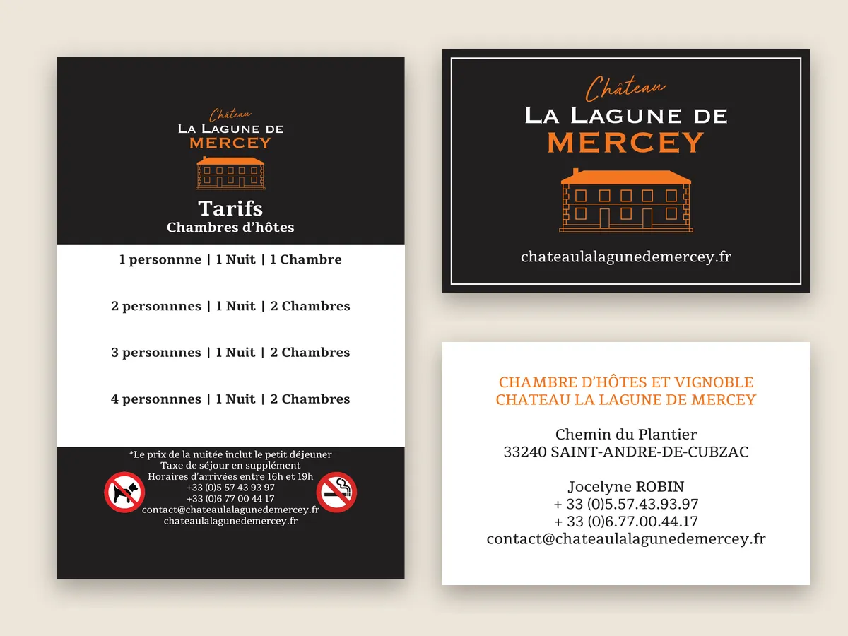 Affichage des tarifs des chambres d'hôtes et cartes de visite recto verso du Château La Lagune de Mercey