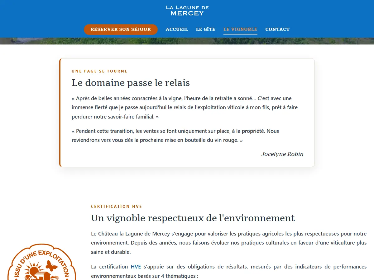 Page vignoble du Château La Lagune de Mercey : transmission du domaine et certification Haute Valeur Environnementale