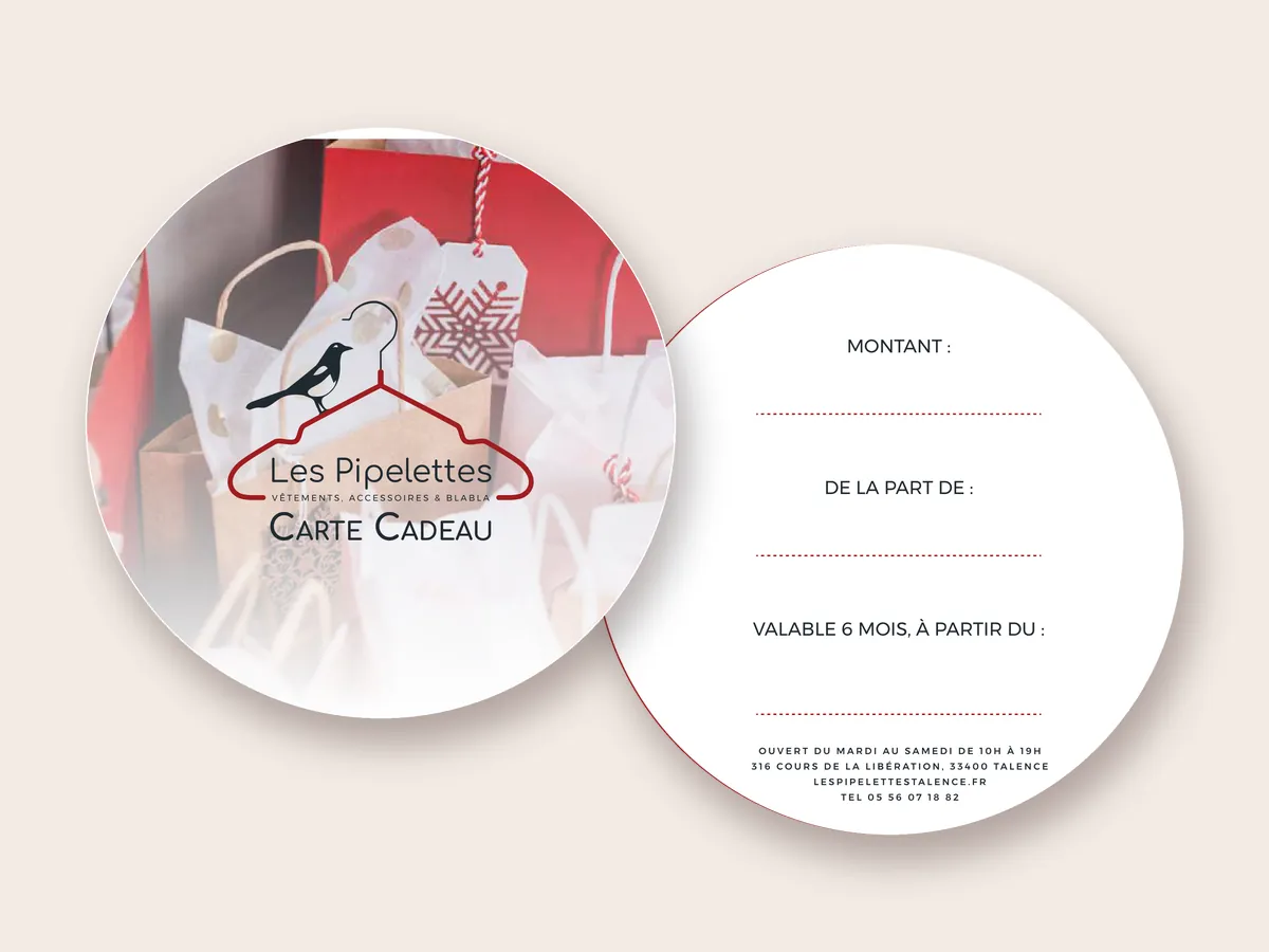Carte cadeau ronde des Pipelettes, recto au logo et verso à compléter : montant, de la part de, validité six mois