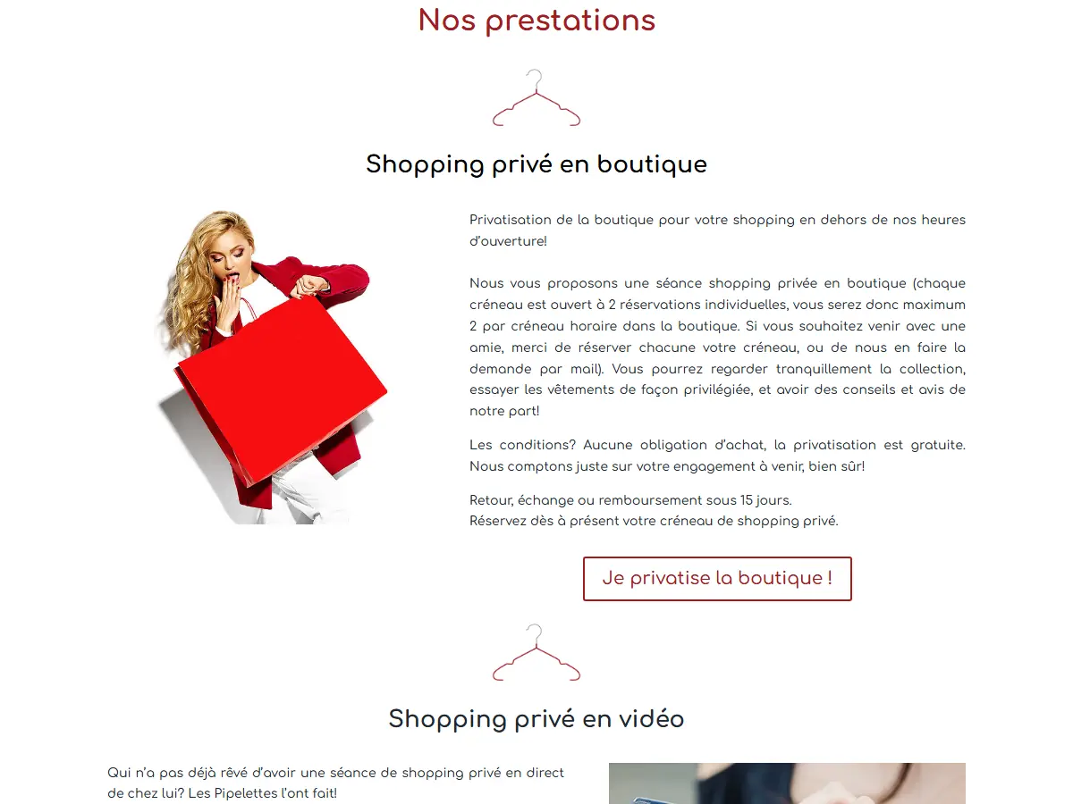 Page Nos prestations du site Les Pipelettes : shopping privé en boutique et shopping privé en vidéo
