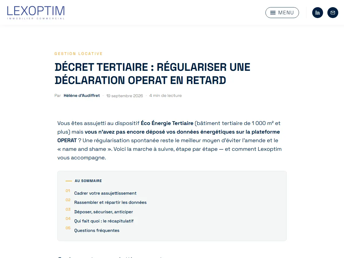 Article du blog Lexoptim sur la déclaration OPERAT : catégorie, autrice, date, temps de lecture et sommaire cliquable