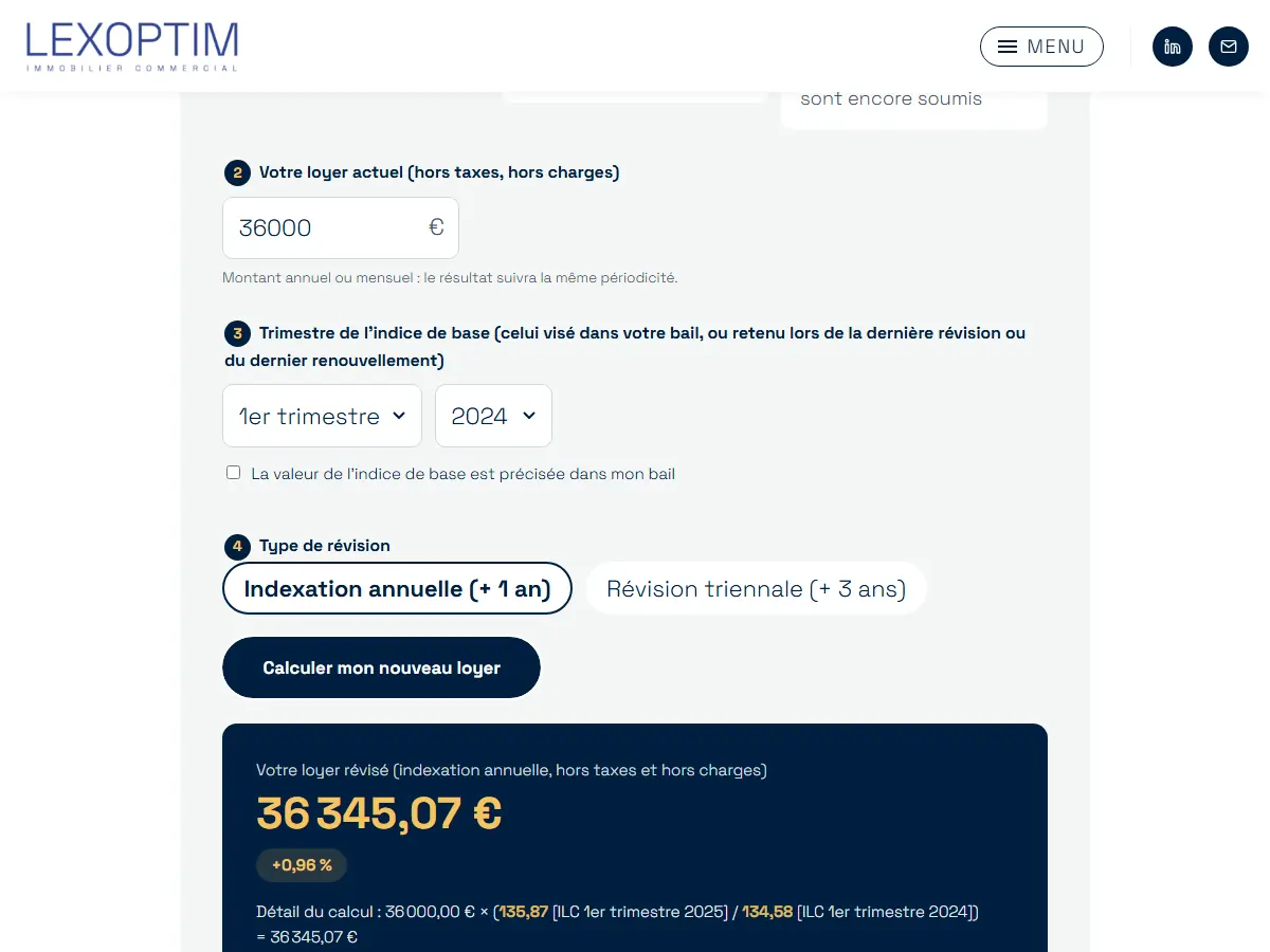 Calculette d'indexation des loyers commerciaux développée sur mesure : loyer révisé et détail du calcul avec les indices ILC de l'INSEE