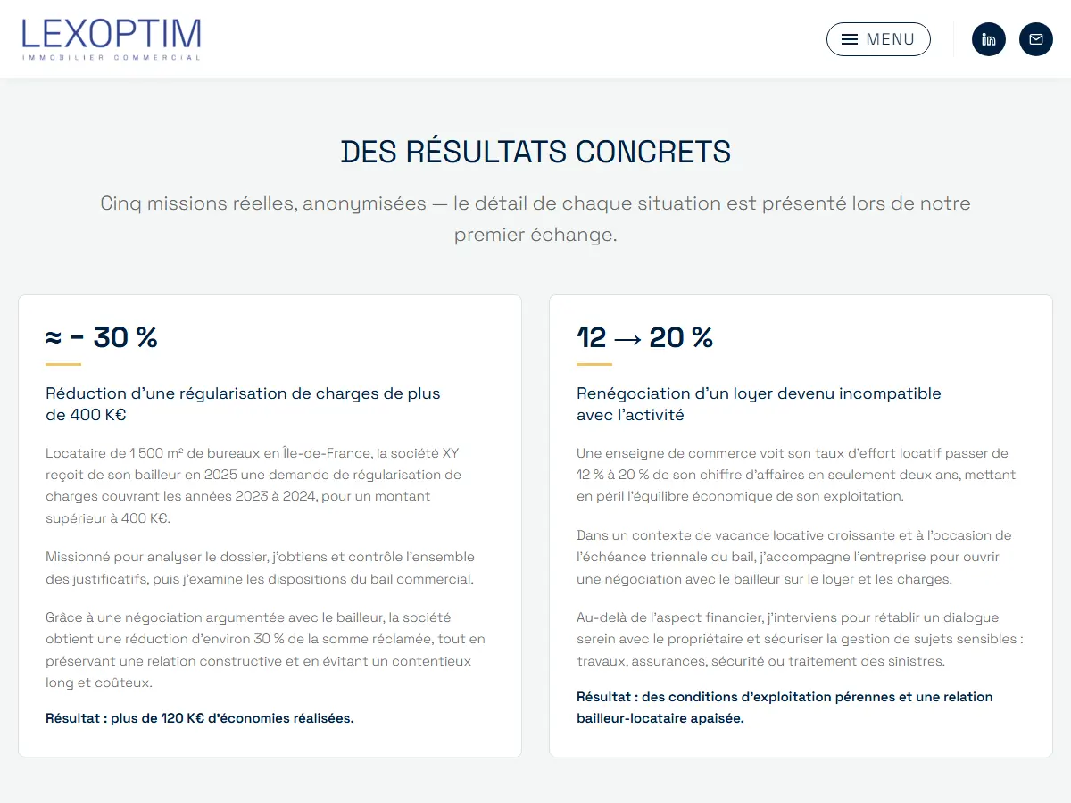 Section « Des résultats concrets » du site Lexoptim : missions réelles anonymisées, chiffrées et conclues par leur résultat