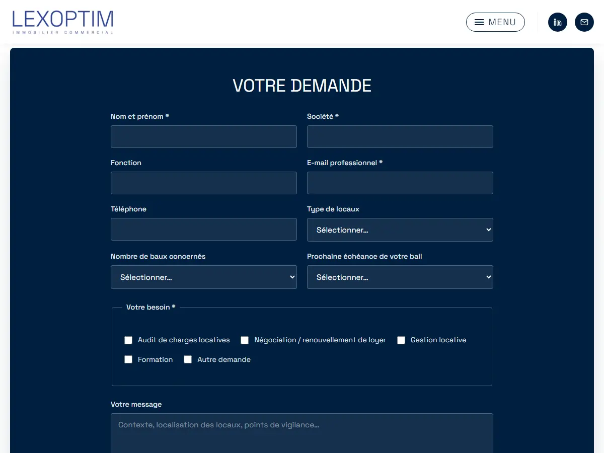 Formulaire de diagnostic préliminaire de Lexoptim : type de locaux, nombre de baux, échéance du bail et besoin