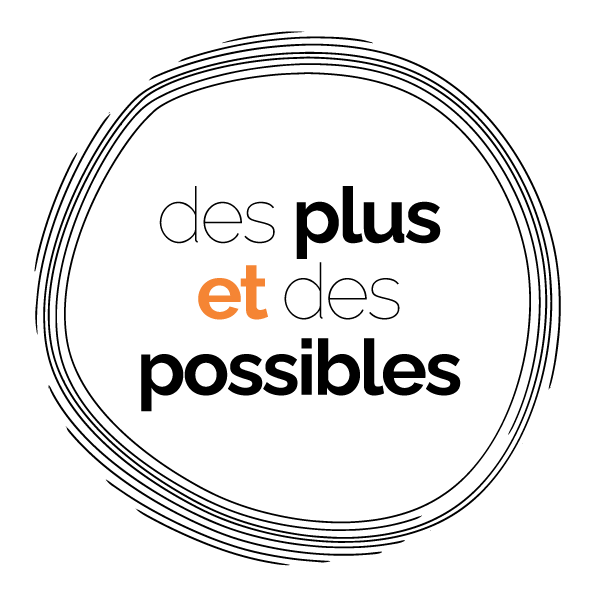 Logo des plus et des possibles : le nom de la marque dans un cercle tracé à la main, « et » en orange