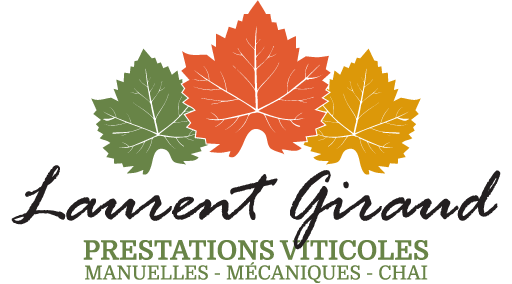 Logo Laurent Giraud Prestations viticoles — manuelles, mécaniques, chai : trois feuilles de vigne verte, orange et jaune