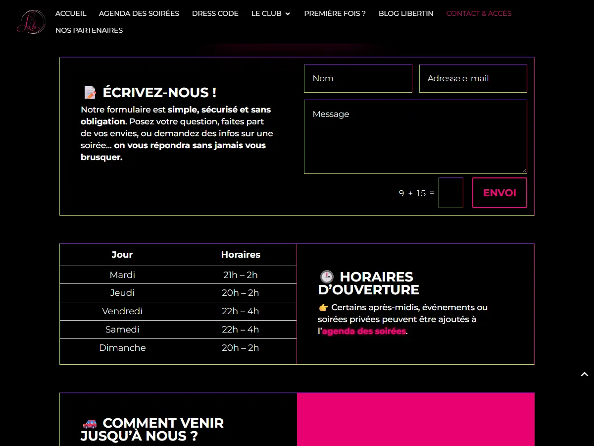 Page Contact et accès de lolaclub.fr : formulaire de contact et tableau des horaires d'ouverture