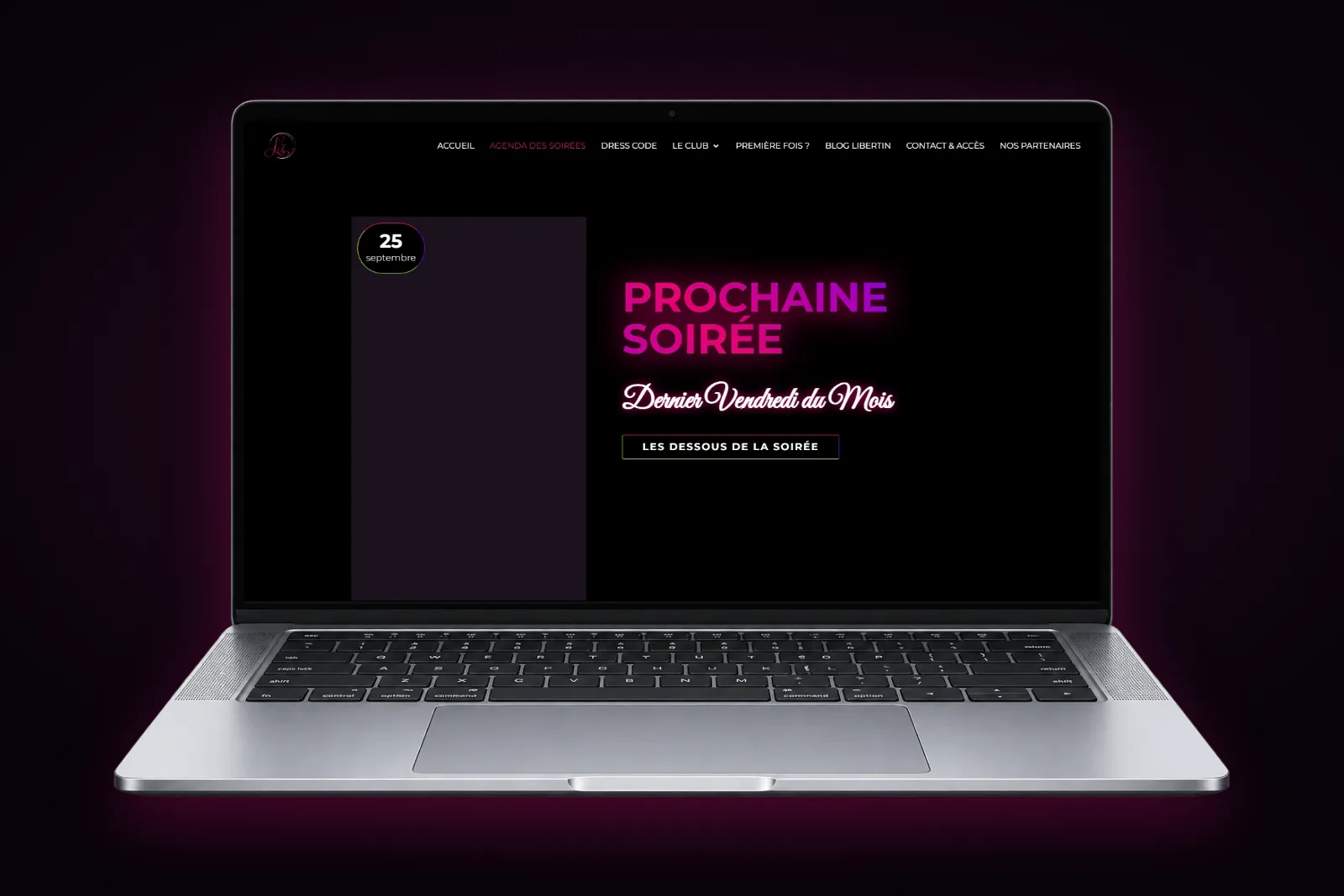 Site internet de L’Ôlà, club privé à Bordeaux Site internet de L'Ôlà, club privé à Bordeaux, affiché sur un ordinateur portable : page Agenda des soirées