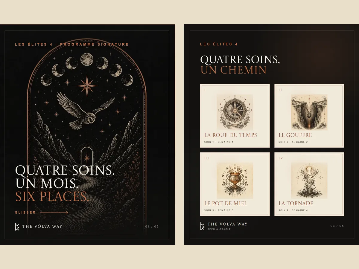 Deux gabarits de carrousel Instagram The Völva Way : couverture au portail lunaire et grille des quatre soins illustrés