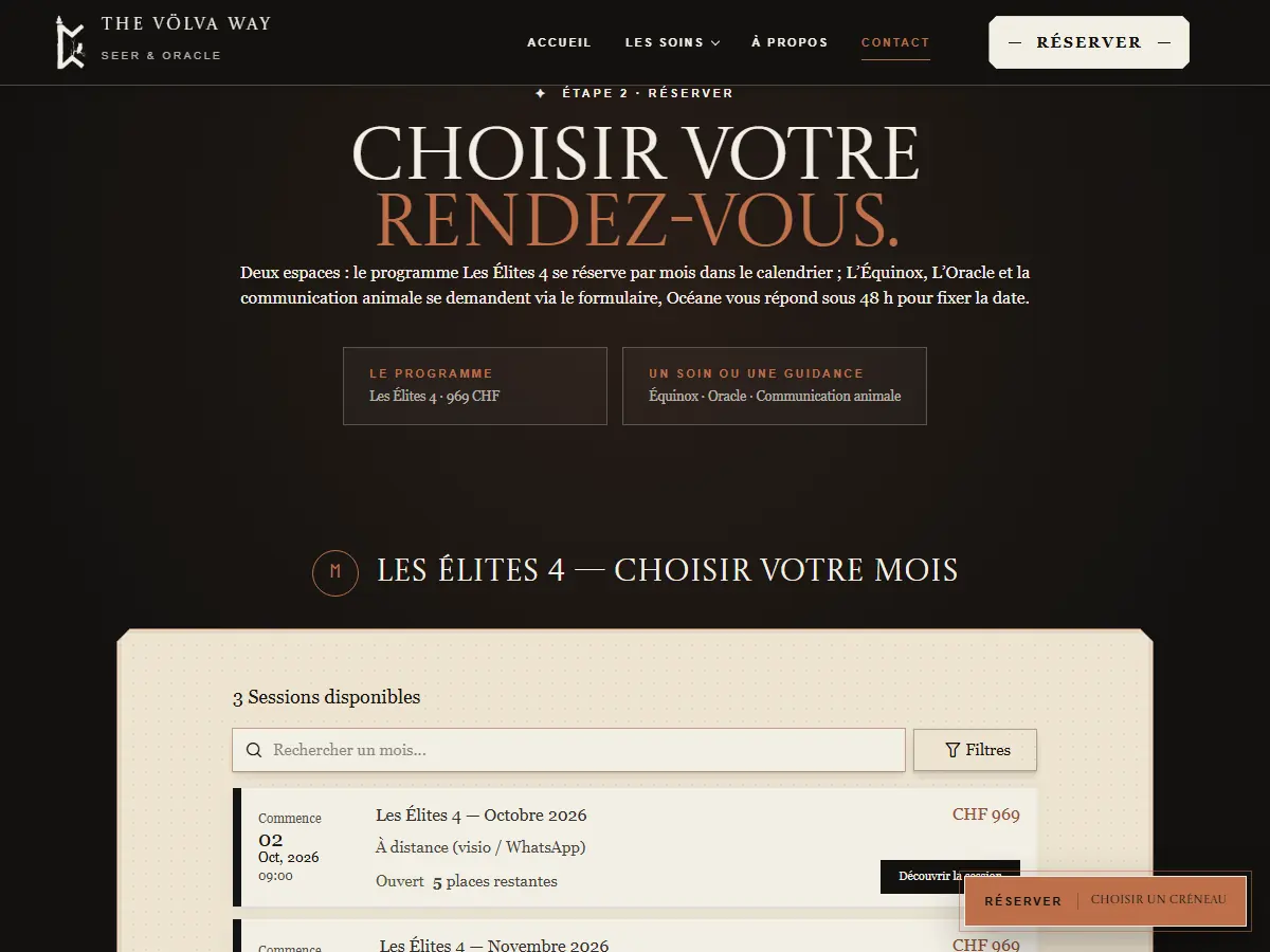 Page Contact & réservation : sessions mensuelles du programme Les Élites 4 avec places restantes, et formulaire de demande pour les soins