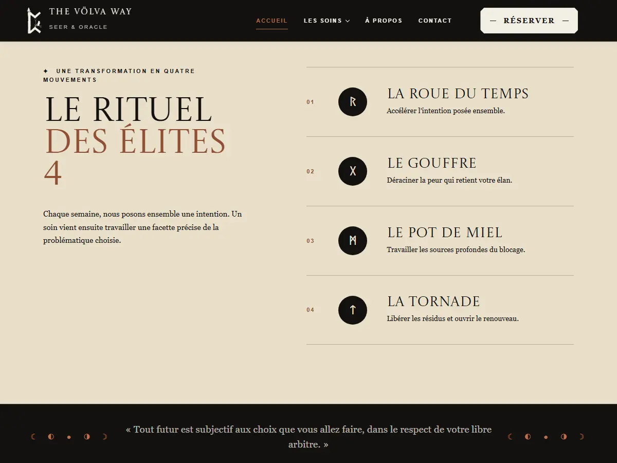 Section « Le rituel des Élites 4 » : quatre soins numérotés, chacun marqué d'une rune, sur fond papier