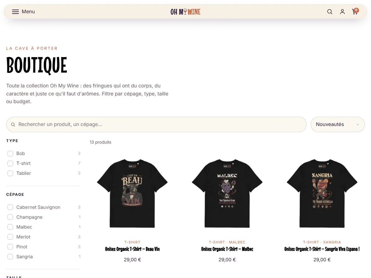 Page boutique de oh-my-wine.com : recherche, tri et filtres par type, cépage, taille et prix à côté de la grille des t-shirts