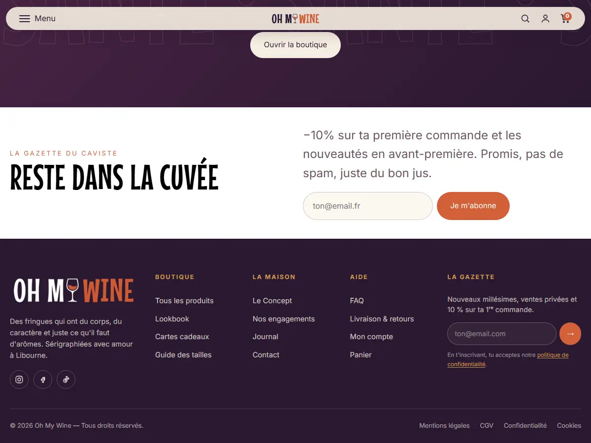Inscription à la gazette et pied de page du site Oh My Wine sur fond aubergine : boutique, la maison, aide et réseaux sociaux