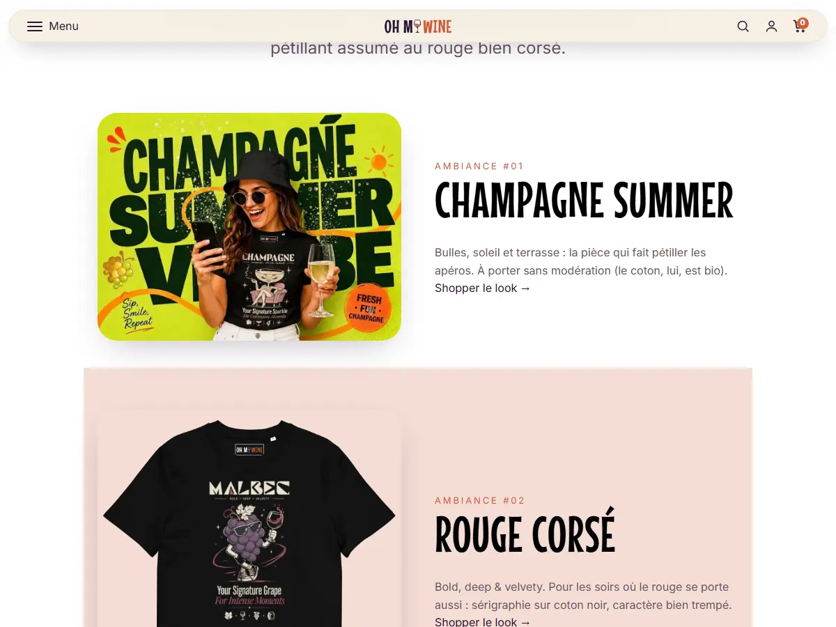 Page Lookbook de oh-my-wine.com : ambiances Champagne Summer et Rouge corsé avec liens vers les pièces