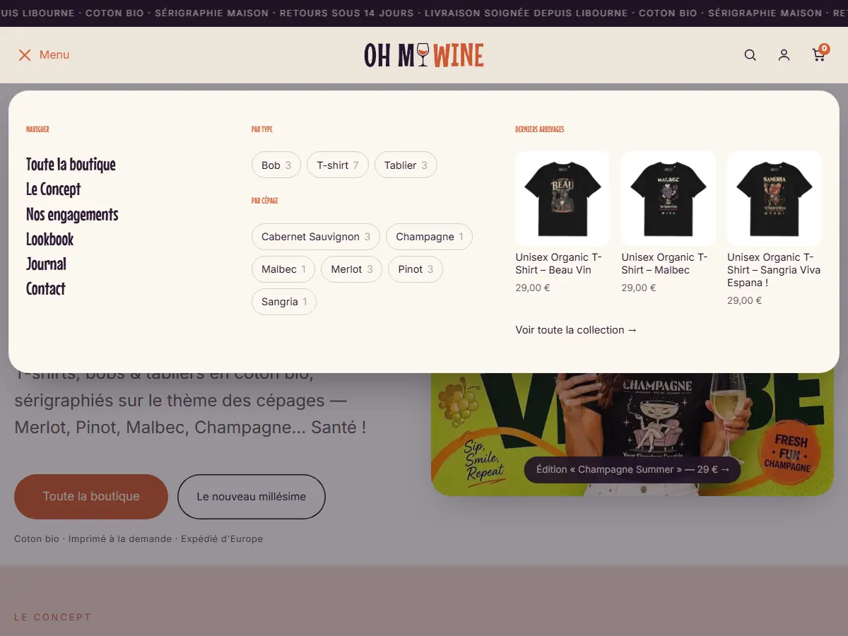 Méga-menu ouvert du site Oh My Wine : navigation, pastilles par type et par cépage avec le nombre de produits, derniers arrivages