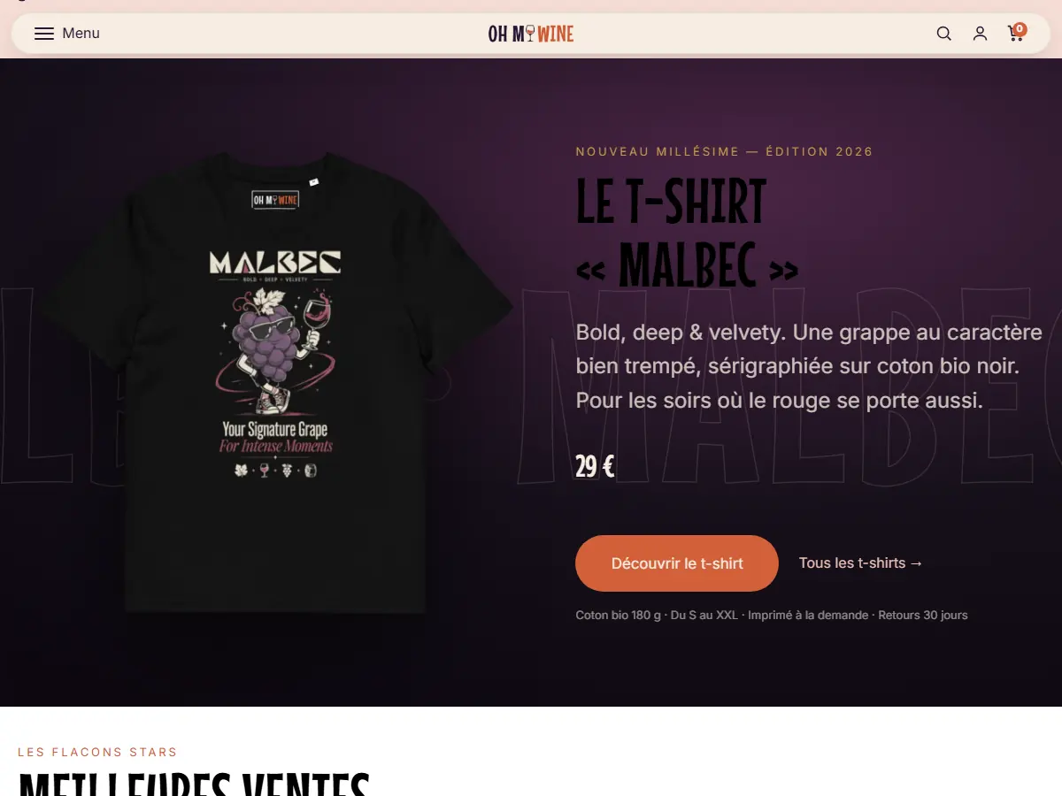 Section « Nouveau millésime » de l'accueil Oh My Wine : le t-shirt Malbec sur fond aubergine, prix et bouton Découvrir