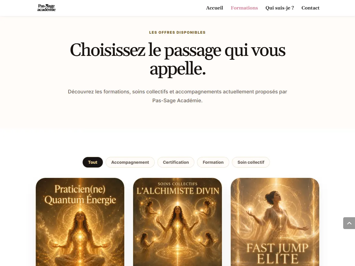 Page « Choisissez le passage qui vous appelle » : filtres Accompagnement, Certification, Formation, Soin collectif et cartes des offres