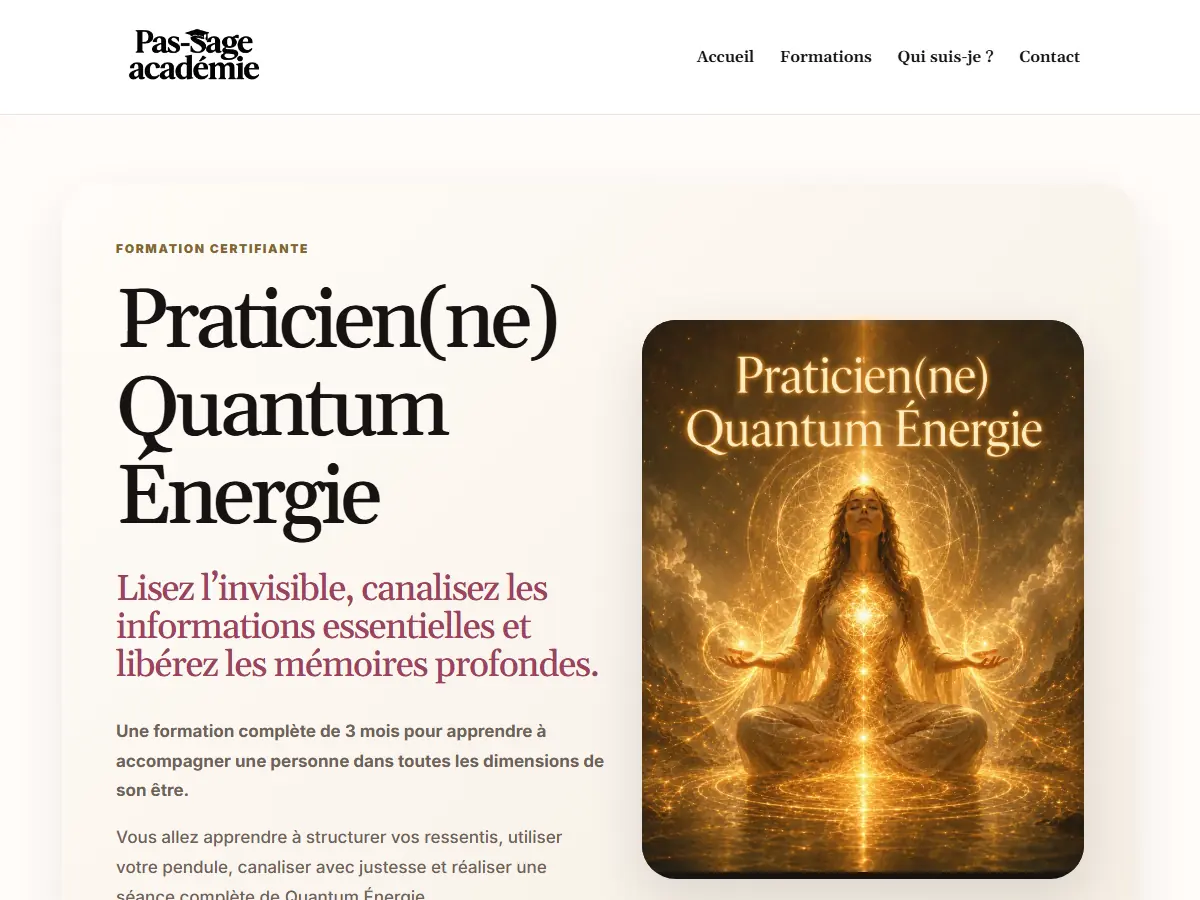 Haut de la fiche de la formation certifiante Praticien(ne) Quantum Énergie : titre, promesse et visuel de la formation