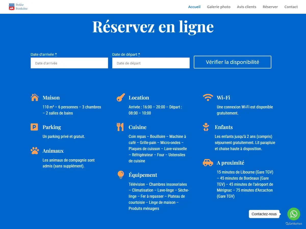 Section Réservez en ligne du site Petite Fontaine : dates d'arrivée et de départ, vérification de la disponibilité et infos pratiques