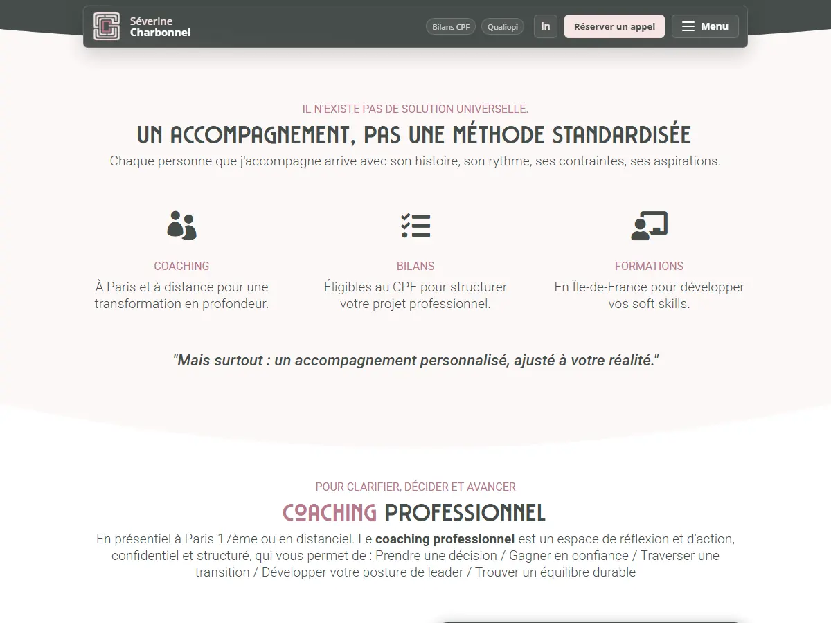 Section du site présentant coaching, bilans de compétences et formations de Séverine Charbonnel