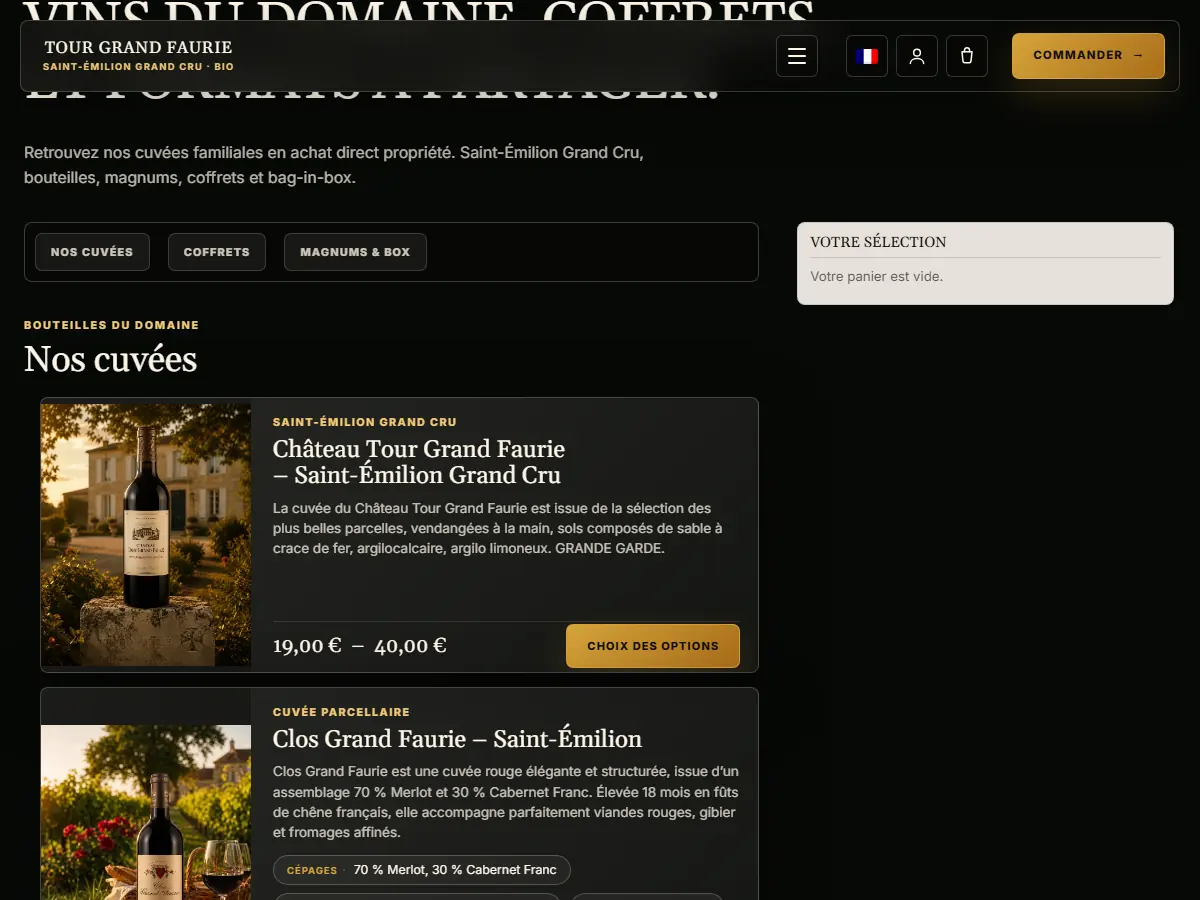 Boutique en ligne du Château Tour Grand Faurie : cuvées de Saint-Émilion Grand Cru avec cépages et prix