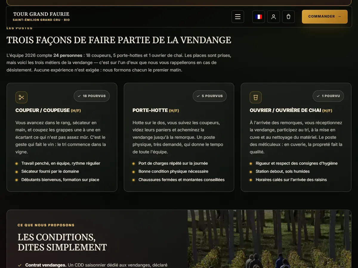 Page recrutement des vendanges du Château Tour Grand Faurie : coupeur, porte-hotte et ouvrier de chai