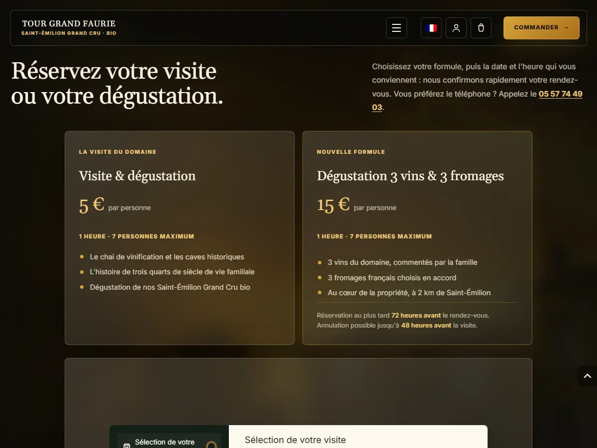 Réservation en ligne des visites et dégustations au Château Tour Grand Faurie : deux formules et choix du créneau