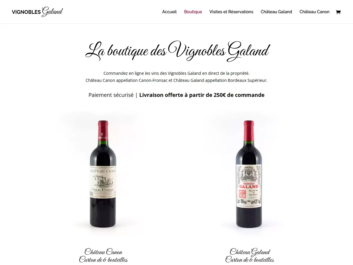 Boutique en ligne des Vignobles Galand : Château Canon et Château Galand vendus par carton de six bouteilles