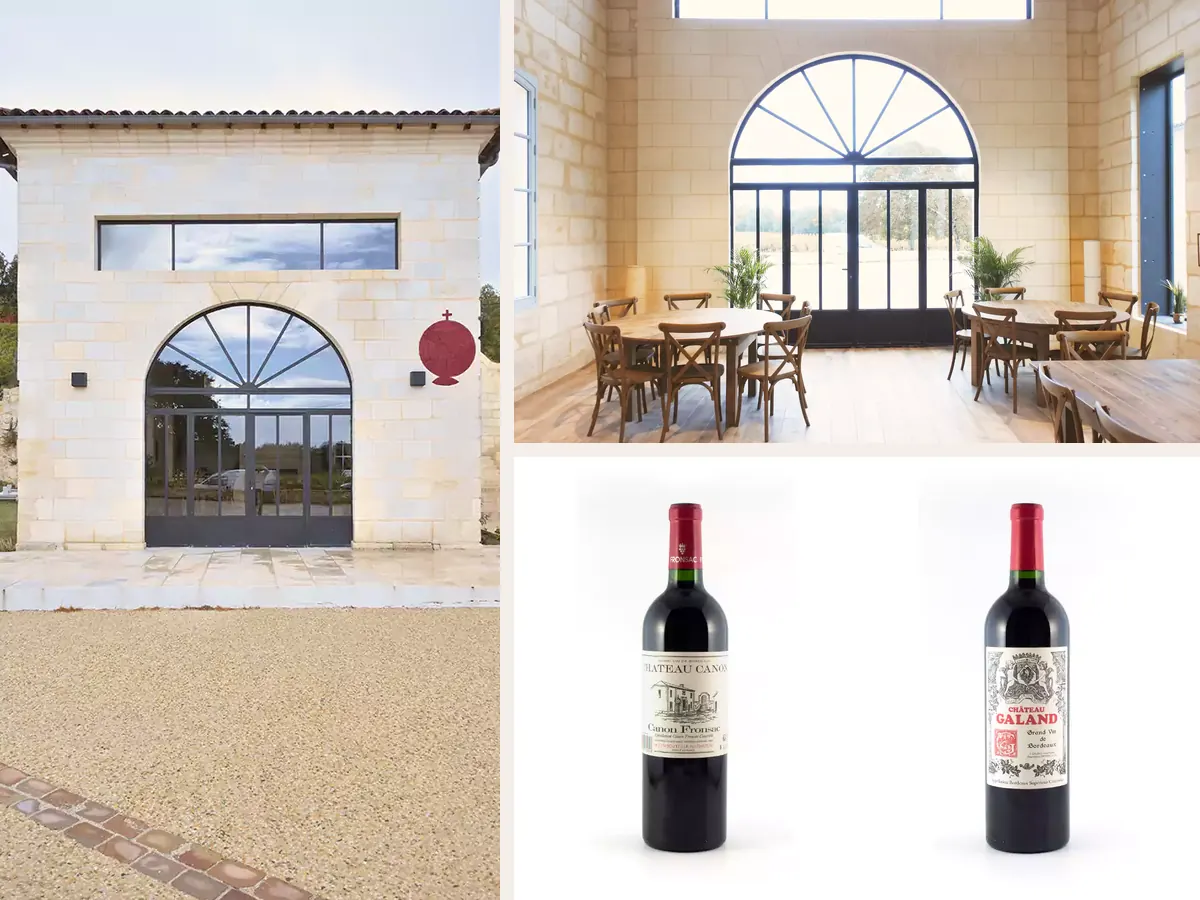 Photos du domaine et de la salle de réception des Vignobles Galand à Fronsac, et packshots des bouteilles Château Canon et Château Galand