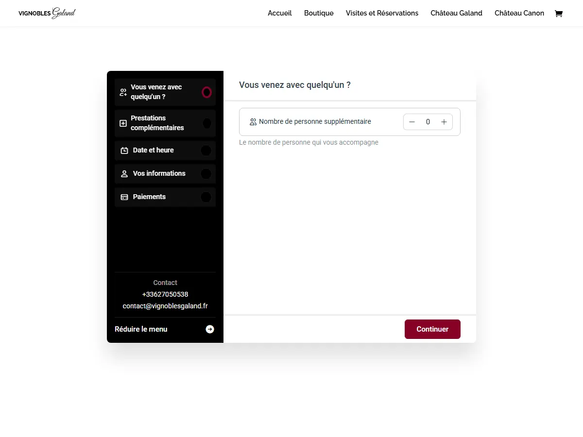Module de réservation en ligne d'une dégustation aux Vignobles Galand : accompagnants, prestations, date et heure, paiement