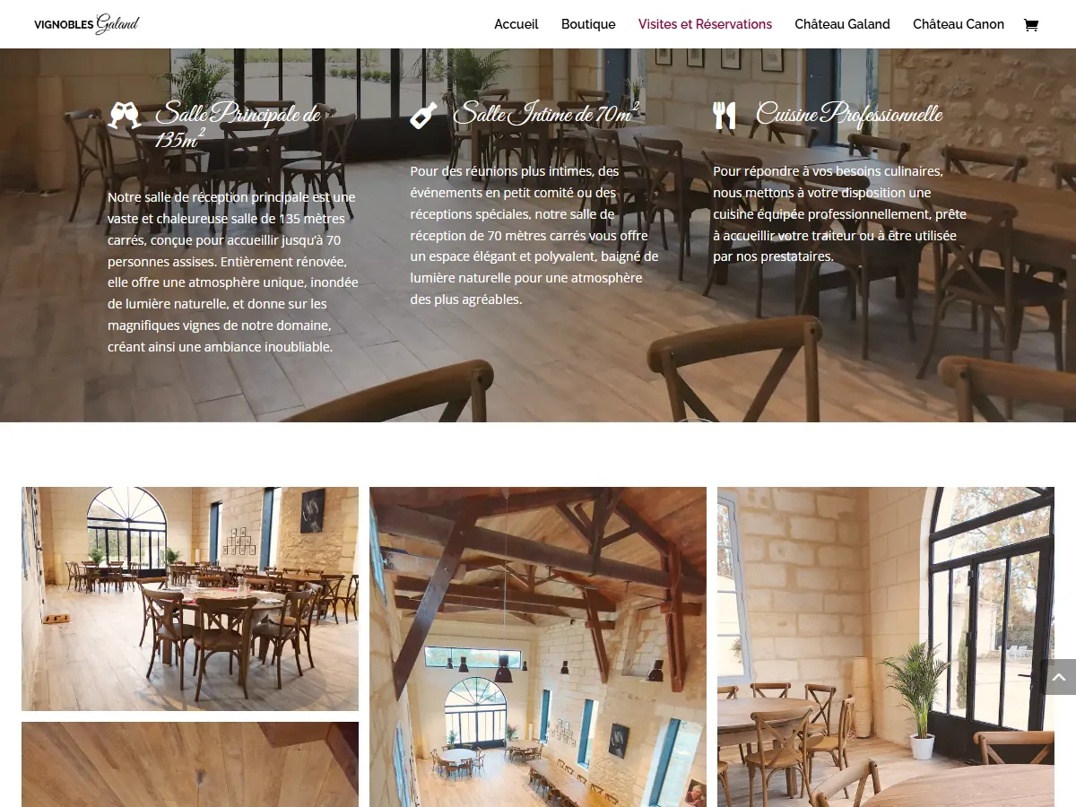 Page Visites et Réservations des Vignobles Galand : salle de 135 m², salle de 70 m² et cuisine professionnelle